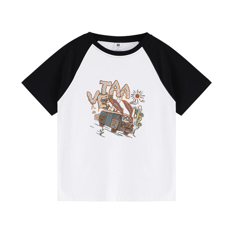 Ladies Summer Short Sleeve Round Collar Color Block Cartoon Printed Loose Pullover Casual T Shirt Top
