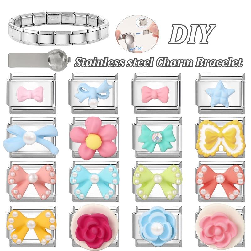 Fashion Colorful Bow Series Charm Bracelet Rose Flower Heart Cherry Y2K Bead Fit 9mm Bracelet Stainless Steel DIY Jewelry Gift