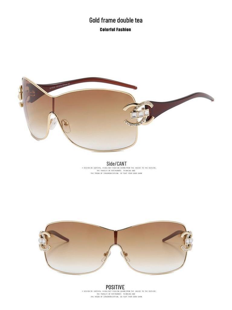 2022 Women's Frameless Rhinestone Fashion Sunglasses, One-Piece Large Frame Design