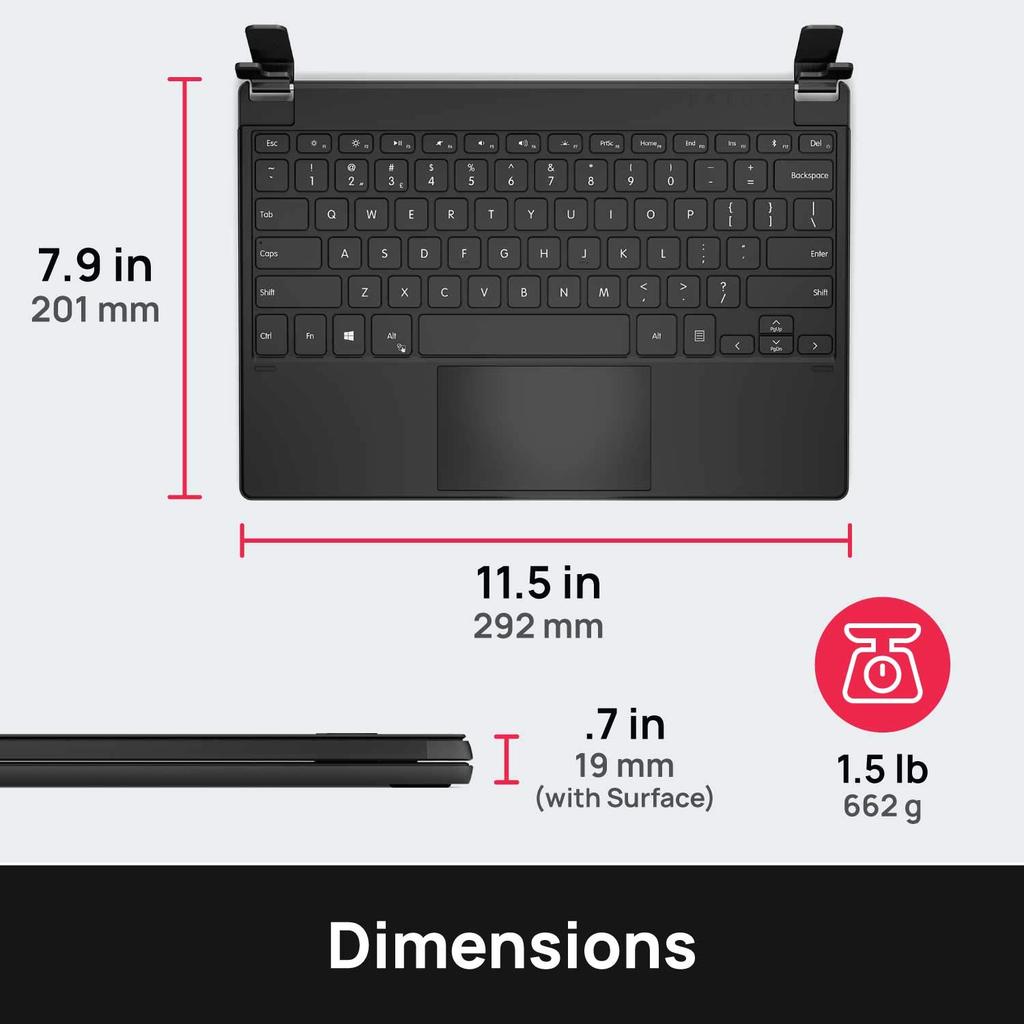 Brydge Bluetooth Wireless Keyboard for Surface Pro 7+7654, with Trackpad, Stand, English Layout, Black, Rechargeable, BRY7012