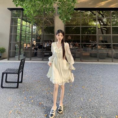 Gentle Wind V-neck Lace-up Long-sleeved Dress Women's Summer New French Temperament Thin Fungus Edge Little White Skirt