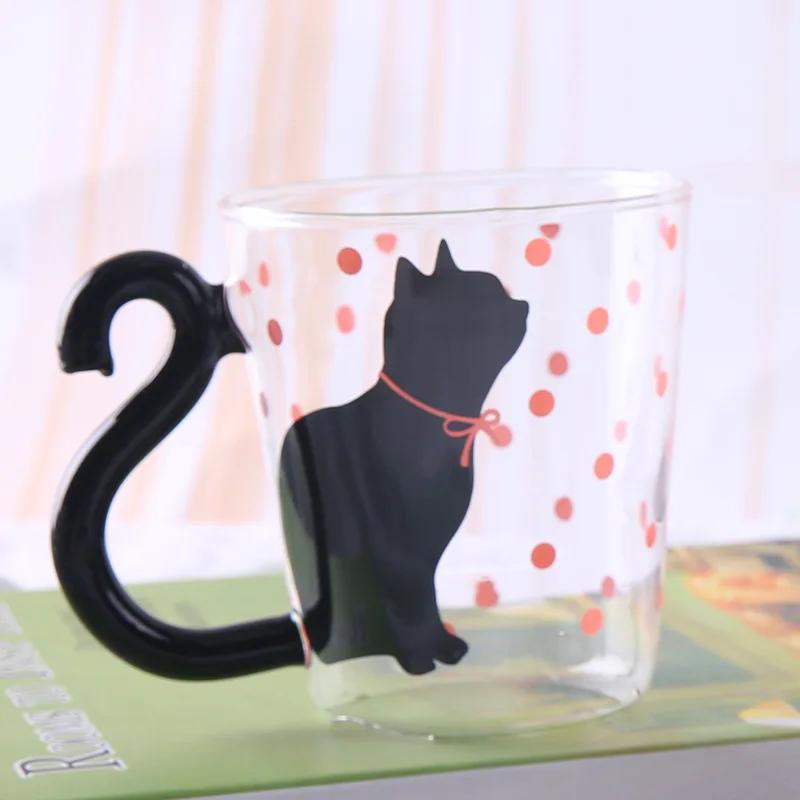 1PCS Cute Cat Glass Juice Coffee Cup Milk Tea Coffee Glass Mug Cat Tail Handle Cat Valentine's Day Lover Gifts Stainless Spoon