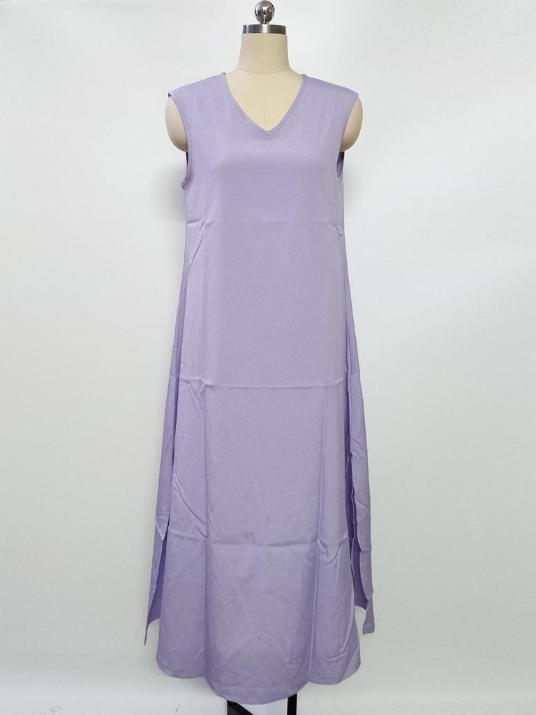 2025 Summer Sleeveless V-neck Maxi Dress - European & American Style, Elegant Long Dress with Side Slit for Women