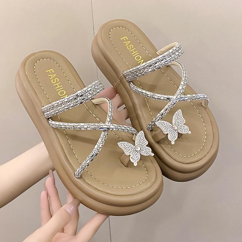 Popular retro platform slippers women s summer outer wear 2025 new bright diamond cross-strap butterfly set toe Roman sandals 35 хаки