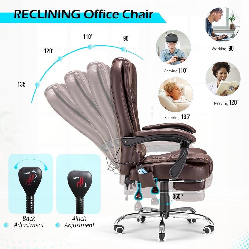 YODOLLA Ergonomic Office Chair with Adjustable Footrest - Reliable and Comfortable Executive PU Leather Chair - Swivel & Height Adjustable - Brown