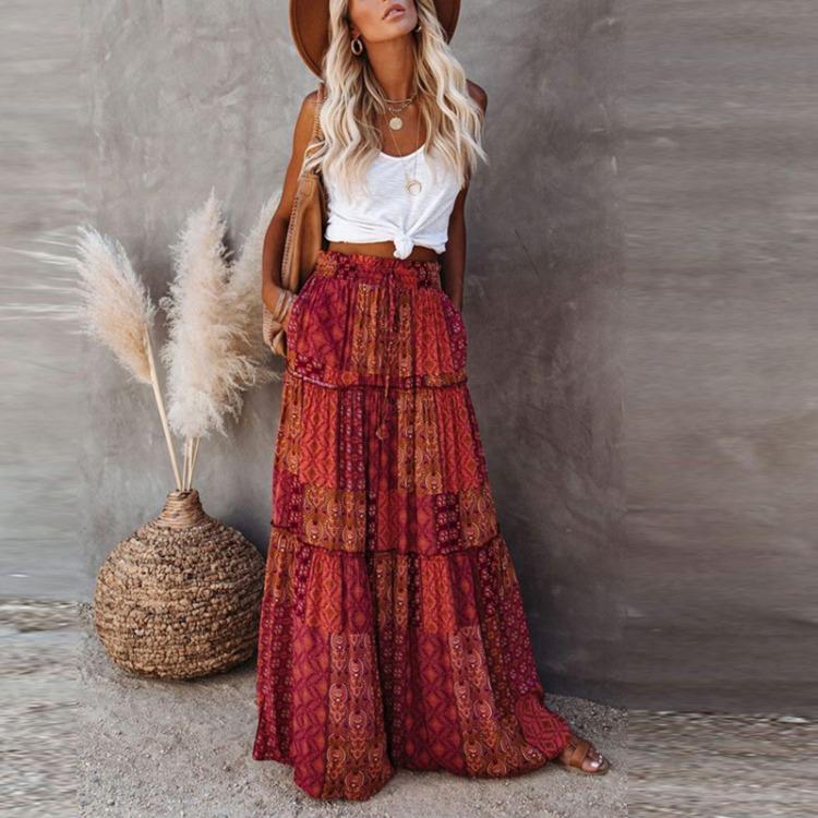 Bohemian Print Women's Long Skirt High Waist Elastic Waist Loose Casual Fashion Tie