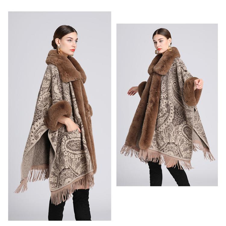 Winter Women's Shawl Cape Jacket Fur Collar Jacquard Loose Tassel Large Size Seven-point Sleeves Tweed Jacket