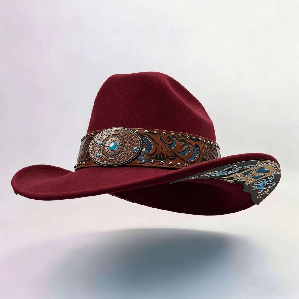 Embossed Band Western Cowboy Hat Vintage Stage Performance Hat Stylish Cowgirl Hat  For Women Man