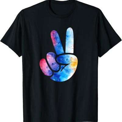 Colorful Silhouette Color Art Watercolor Peace Sign Hand T-Shirt(35)