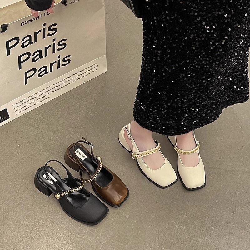 Sense Polished Square Head Mary Jane Shoes Thick Heel Bag Head Sandals Retro Commuter Buckle Empty Women's Single Shoes