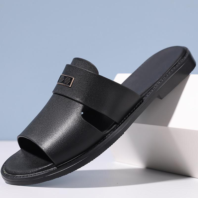 Pantoufles pour Hommes Pantoufles en Cuir de Luxe Été Nouvelles Pantoufles à Bout Ouvert pour Hommes Sandales Plates Décontractées Grande Taille 48 Chanclas Hombre