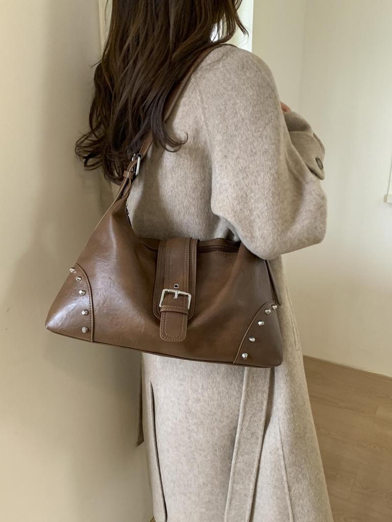 Women's Cross-Border Retro Motorcycle Bag with Rivet Decor & Belt Buckle - Stylish Single Shoulder Underarm Handbag