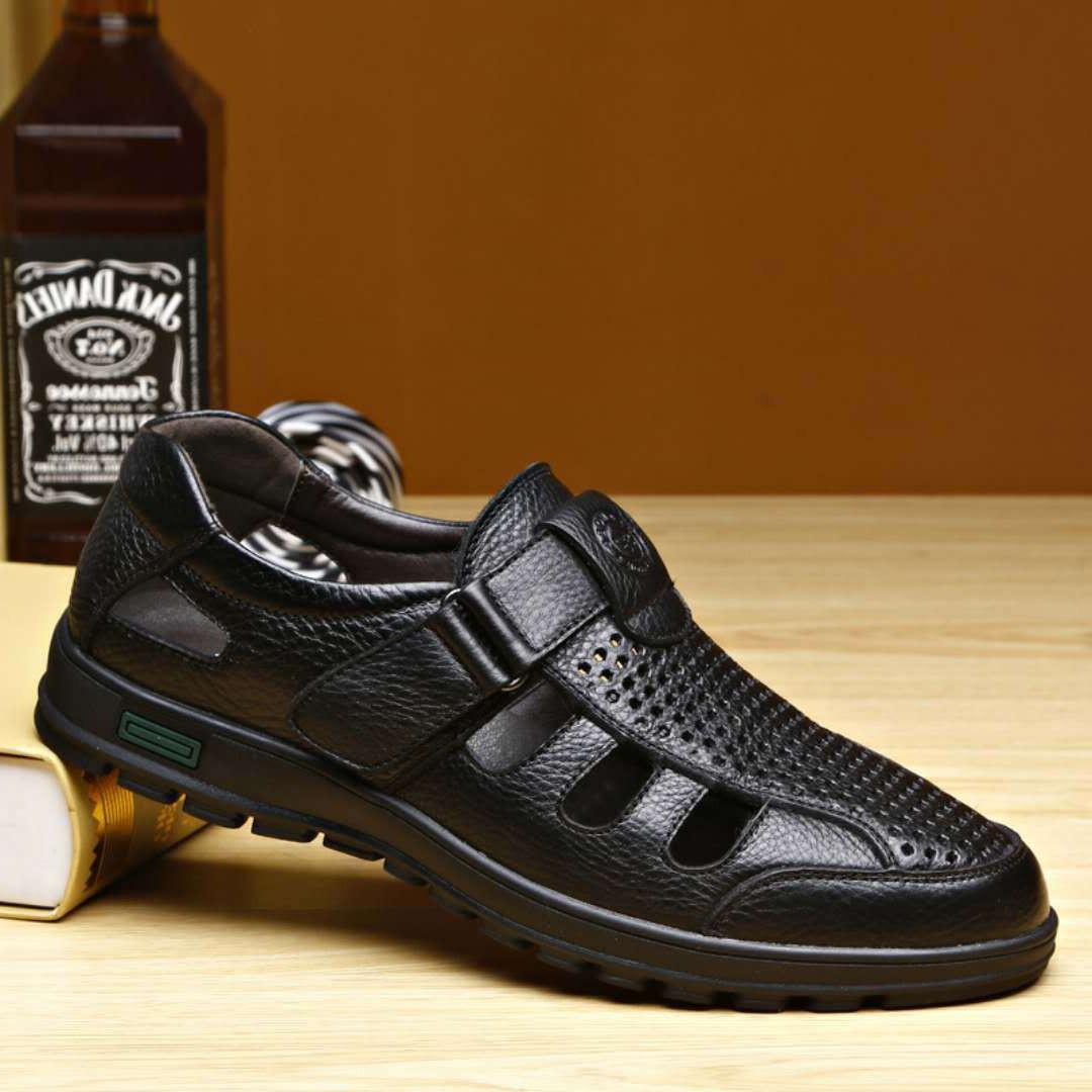 

Дышащие сандалии для мужчин. Повседневные сандалии из натуральной коричневой кожи. Деловые повседневные туфли на плоской подошве. 38 чёрный