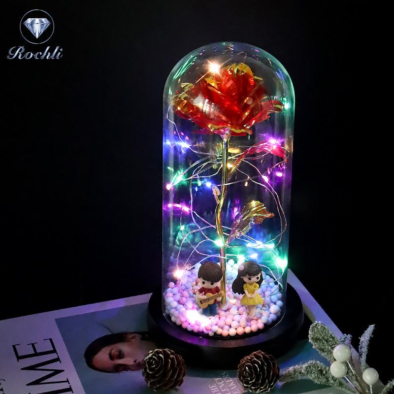 Rose Flower Preserved in Glass Dome with Night Light - Mother's Day or Birthday Gift Ornament