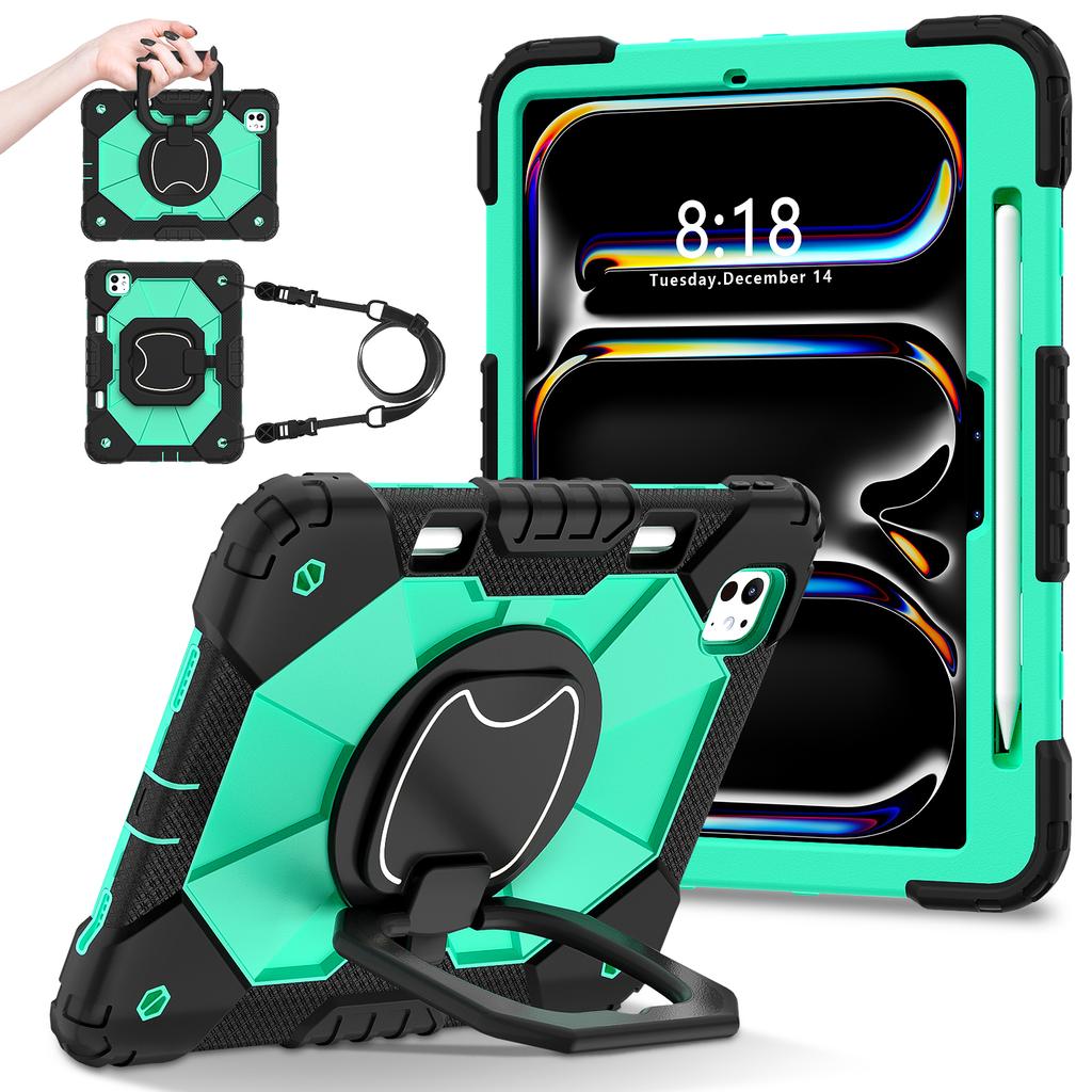 For iPad Pro 11 (2025)/11 (2024) Kickstand Case Silicone+PC Tablet Cover with Shoulder Strap