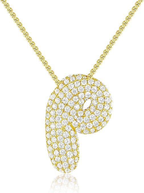 Stainless Steel Bubble Letter Initial Pendant Chunky Women Personality Jewelry Zircon Gold Plated Balloon 26 Letter Necklaces
