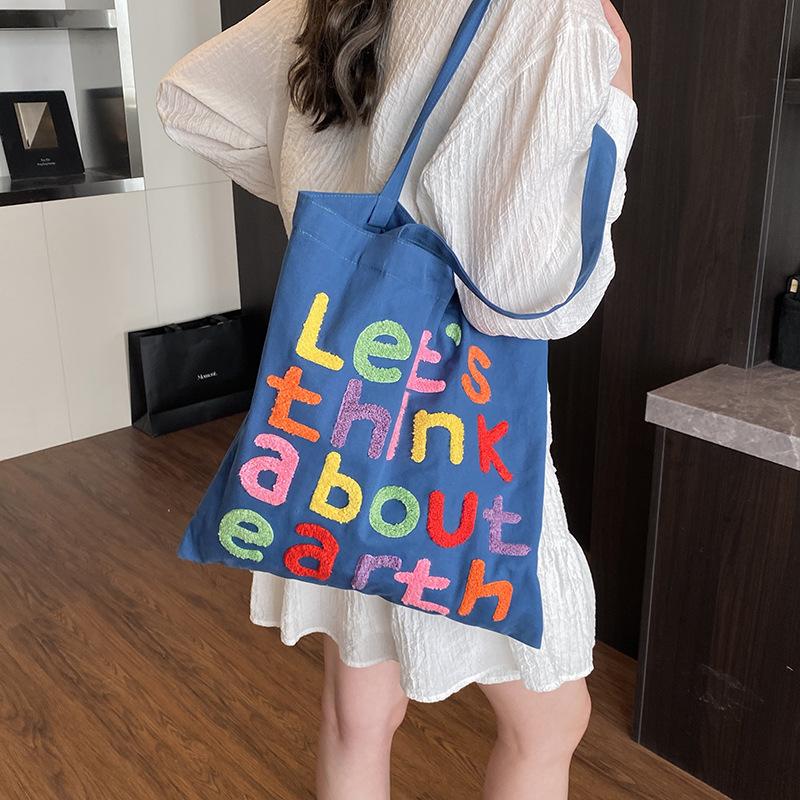 2025 New Shoulder Canvas Bag Ins Style Versatile Tote Bag Casual Commuting Simple Embroidered Letter Big Bag