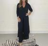 Women's V-Neck Long-Sleeve Slit Top with Wide-Leg Pants - Summer Solid Color Set