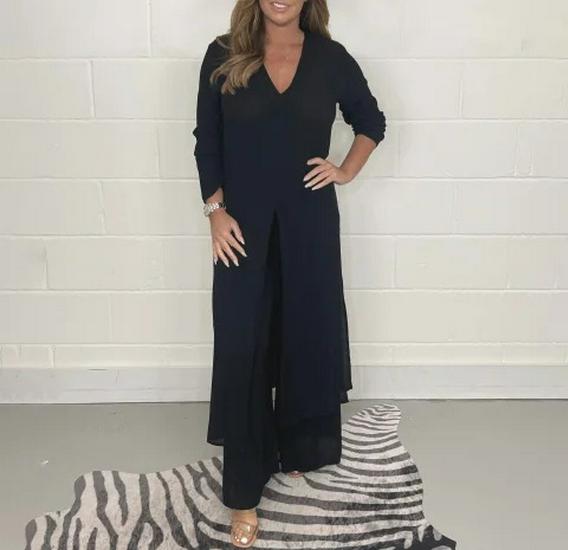 Women's V-Neck Long-Sleeve Slit Top with Wide-Leg Pants - Summer Solid Color Set