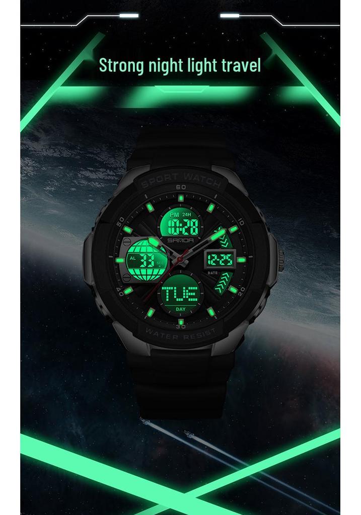 Sanda Men's Multifunctional Sports Watch with Three-Time Zone Dual Display & Waterproof Design