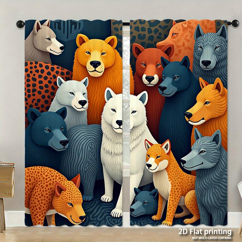 

2D Flat, 2Pcs, 2D Flat Printing Curtains Animal Pattern Cartoon Style Colorful Multicolored Wolves Foxes Leopard Printed Rod Poc 53x116cm 2pc21x46in&Without mount