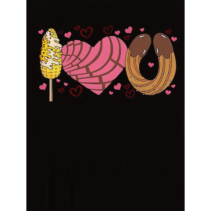 Tamanhos Europeus Camiseta Casual Feminina com Estampa Criativa de Coração com Milho e Pretzel, Gola Redonda, Manga Curta