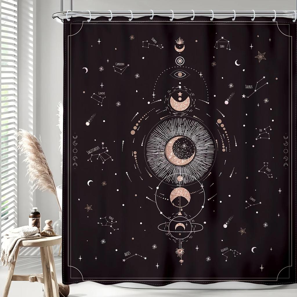 Zodiac Constellation Shower Curtain, Astrology Moon Phase Galaxy Design, Mystic Tarot Witch Aesthetic, Polyester