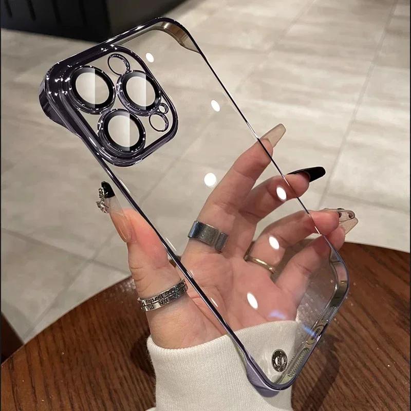 Luxury Plating Transparent Frameless Ultra Thin Case For iPhone 16 15 14 Plus 13 12 11 Pro Max Clear Hard Lens Protection Cover