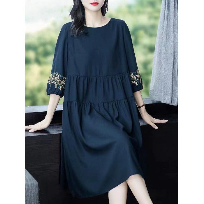 Vestido de Verano Étnico Bordado de Cuello Redondo - Costuras Retro Ajuste Holgado Slim para Tallas Grandes