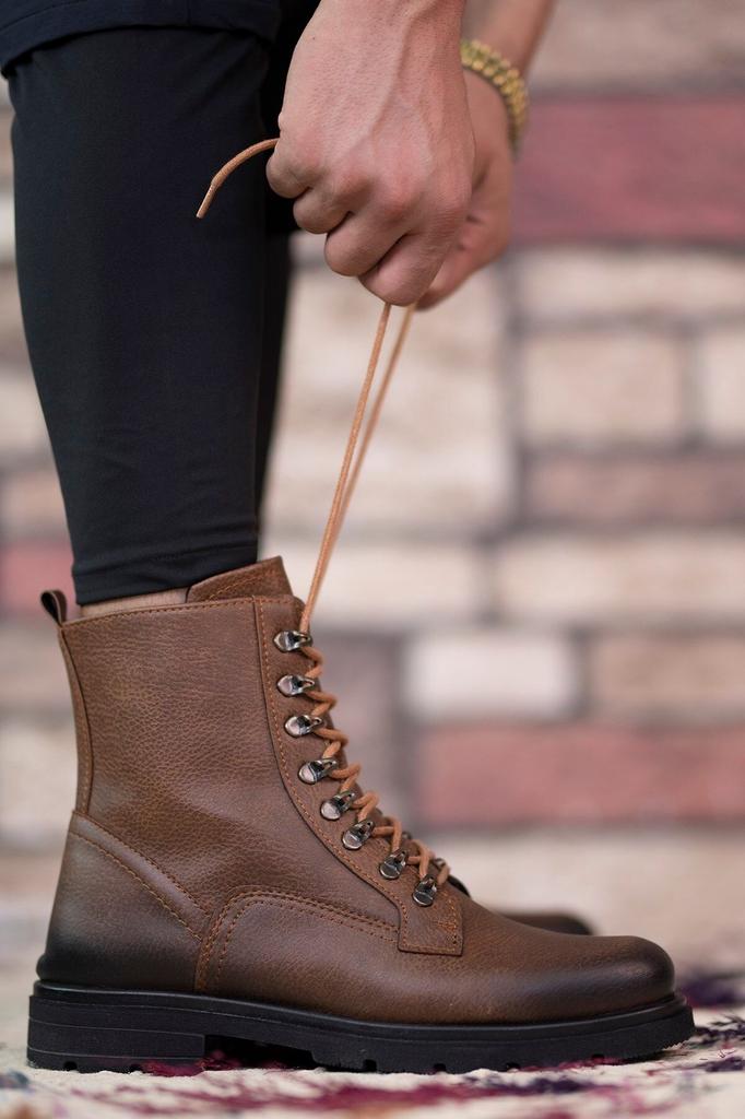 Men's Fashion Faux Leather Flat Heeled Bootie Brown Zipper Boots Shoes