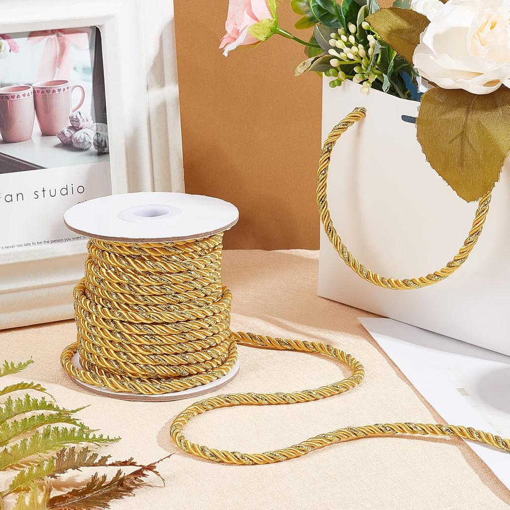 PH PandaHall 5mm Gold Cord Rope 15 Yards Metallic Twine Cord 3-Ply Polyester Shiny Cord Thread Decorative Rope for Home Décor Upholstery Curtain