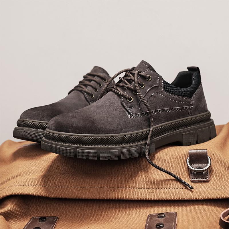 Men's Genuine Leather Outdoor Short Boots, Warm Plus Velvet, Autumn Winter Workwear, Yellow Martin Design.