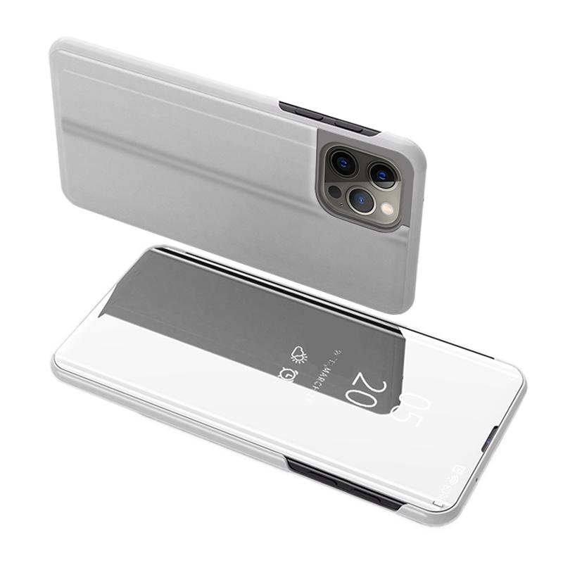 

View Window Phone Case for iPhone 15 Pro,Mirror Surface Electroplating Leather Stand Cover Silver