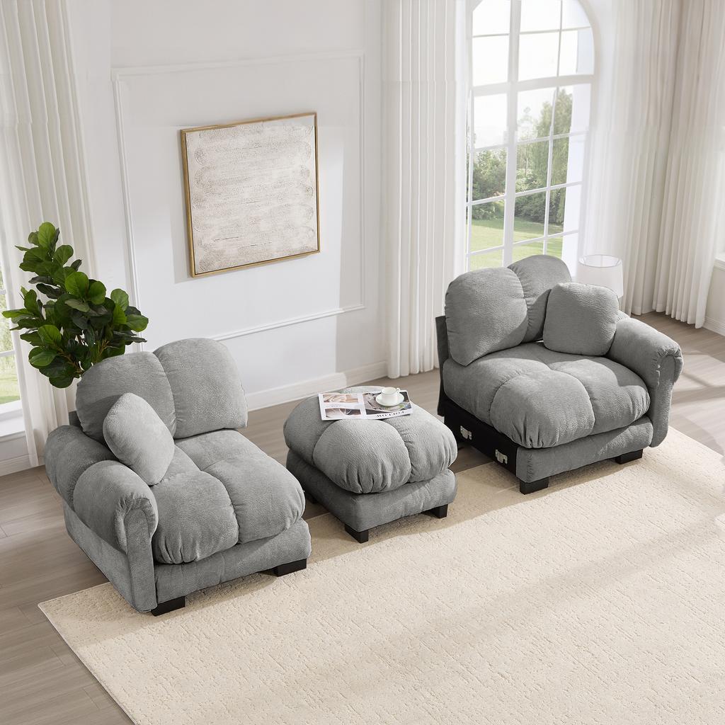 2-Sitzer Chenille-Sofa, L-förmige modulare Ecke, gestepptes Design, dicke Sitzkissen, mit mobilem Hocker, einfach zu montieren, Hellgrau