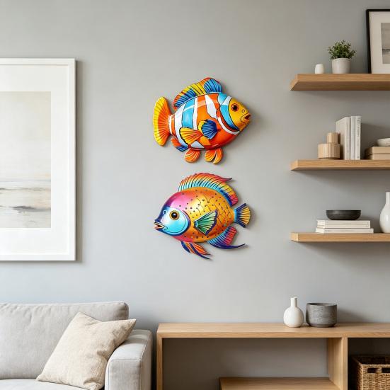 2 Pcs Wooden Fish Wall Art Tropical Fish Sculpture Coastal Beach Sea Animal Wall Hanging Ornament for Bathroom Pool Patio Fence Decor