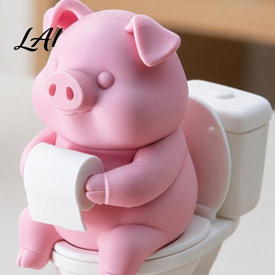 Non-slip Base Ornament 3D Printed Cute Pig On Toilet Figurine Funny Bathroom Desk Decor with Paper Exquisite Workmanship Figurine Roll Humorous
