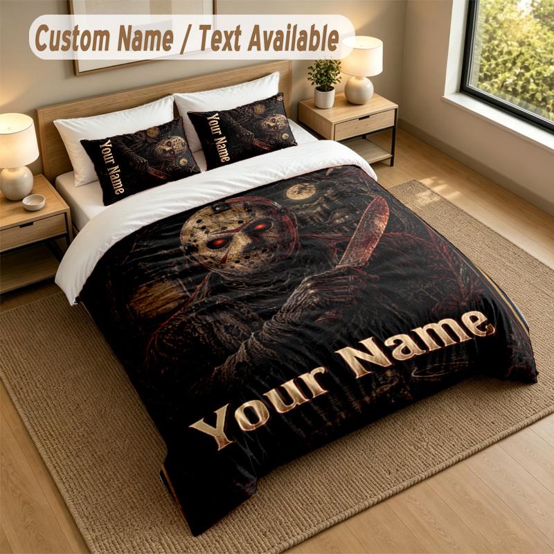 3Pcs Bedding Set Custom Name Text, 1 Sheet 2 Pillowcases Home Bed DecorFriday the 13th Jason Voorhees