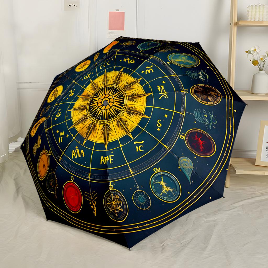 Astrological Horoscope Symbols Compact Travel Automatic Umbrella Retractable Design with 8-Rib Durability Compact Design Travel Essential