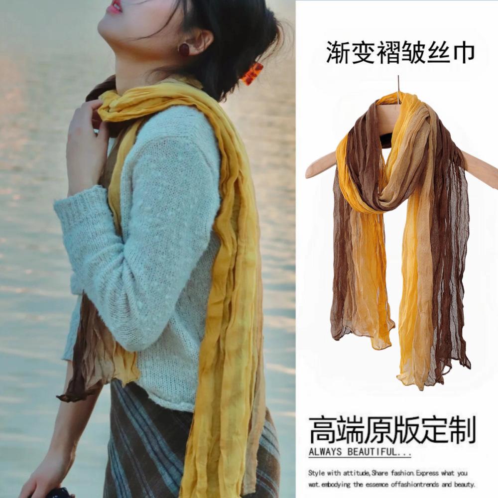 Ethnic Style Silk Scarf Female Wasteland Style Linen Fold Gradual Change Headscarf Desert Concave Shape Spice Girl Scarf Shawl