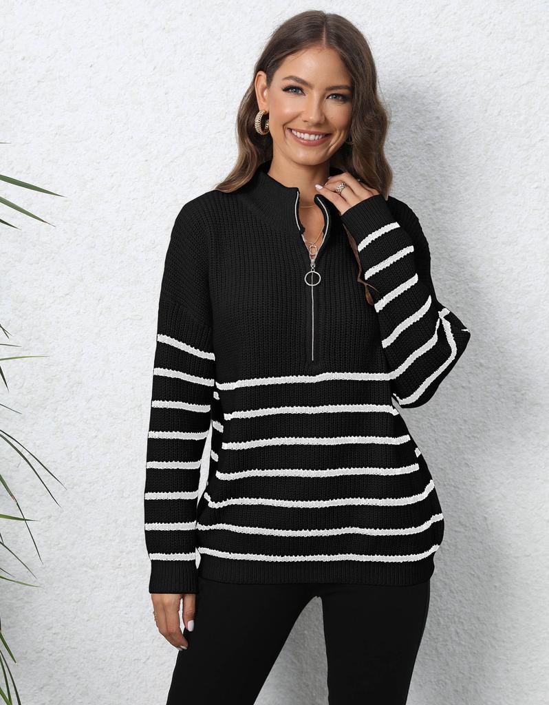 Women's pullover sweater European and American women's clothing knitted striped splicing semi-turtleneck zipper loose woven sweater top