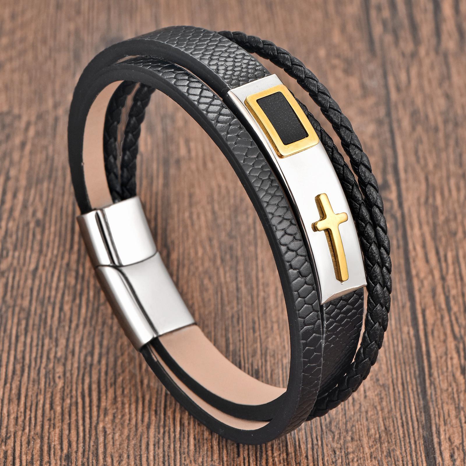 European and American Leather Rope Cowhide Men s Double-layer Cross, Genuine Leather Woven Bracelet, Retro Leather Bracelet 2026 21CM