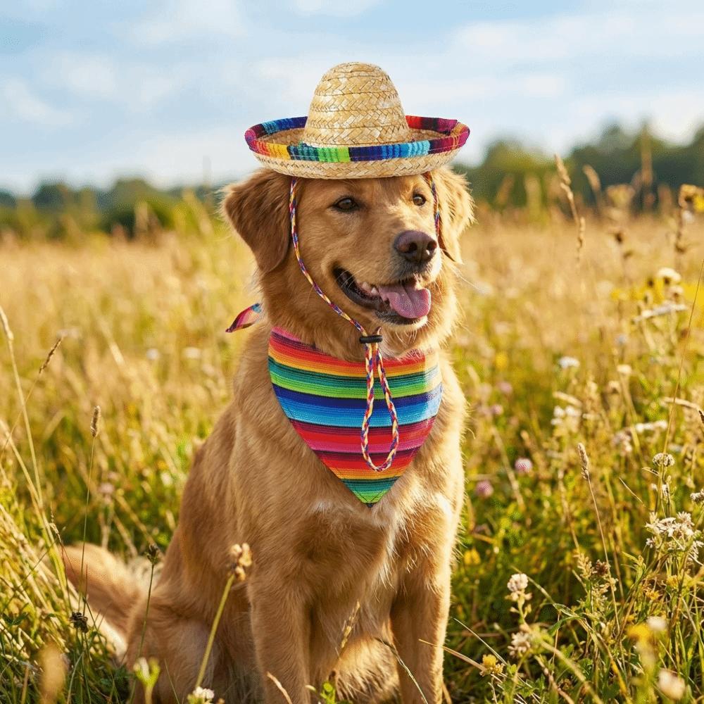 Leichter Atmungsaktiver Hunde Strohhut Gestreifter Schal Mini Katzen Sonnenhut Lustiger Haustier Hawaii Stil Hut Sommerausflug