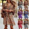 Women's Summer Casual Boho Dress Floral Print Ruffle Puff Sleeve High Waist Midi Beach Dresses