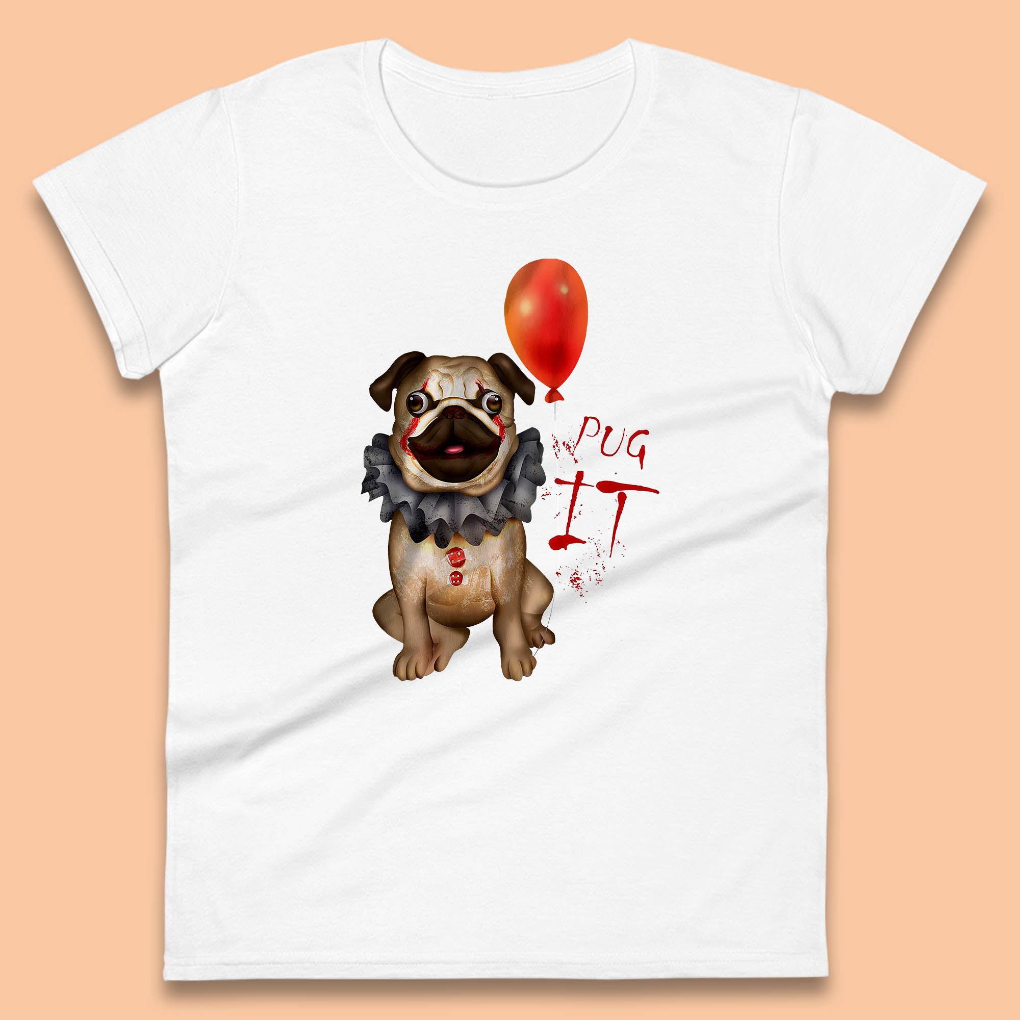 Pug IT Pennywise Clown Dog Spoof Halloween Pug Dog Costume Horror Movie Serial Killer Womens Tee T Shirt Mens Tops Unisex Top L