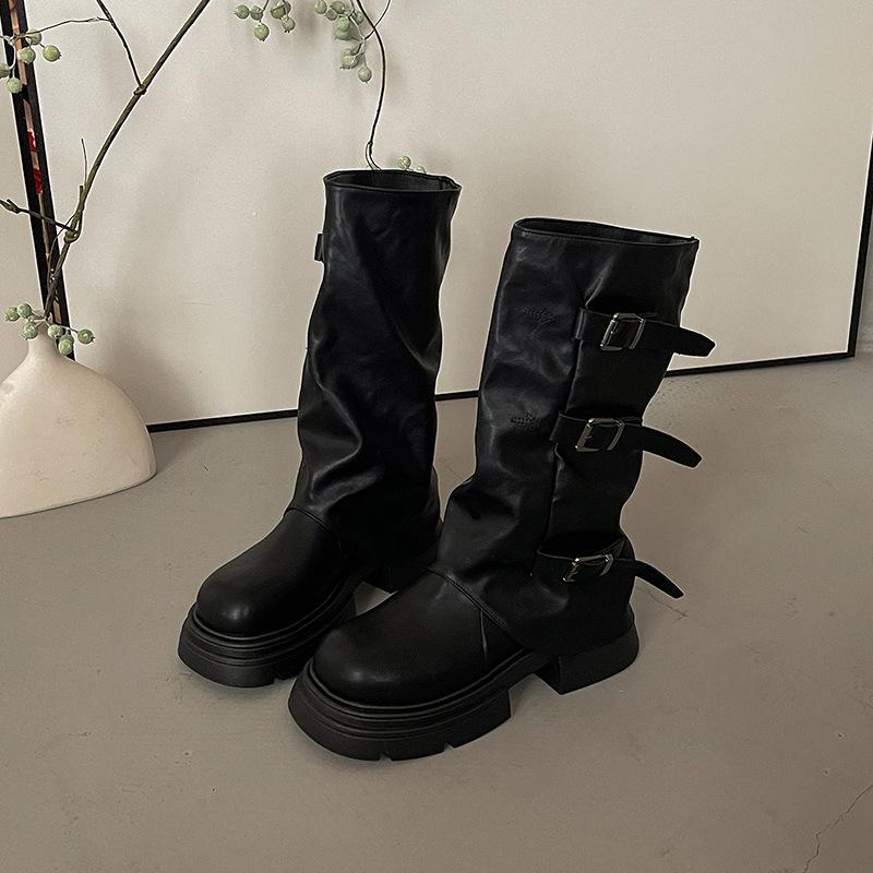 Off-white Fashion Popular Leather Boots Thin Medium and Long Boots Women's Shoes Autumn Fashion Small Thin Thick Heel Martin Boots