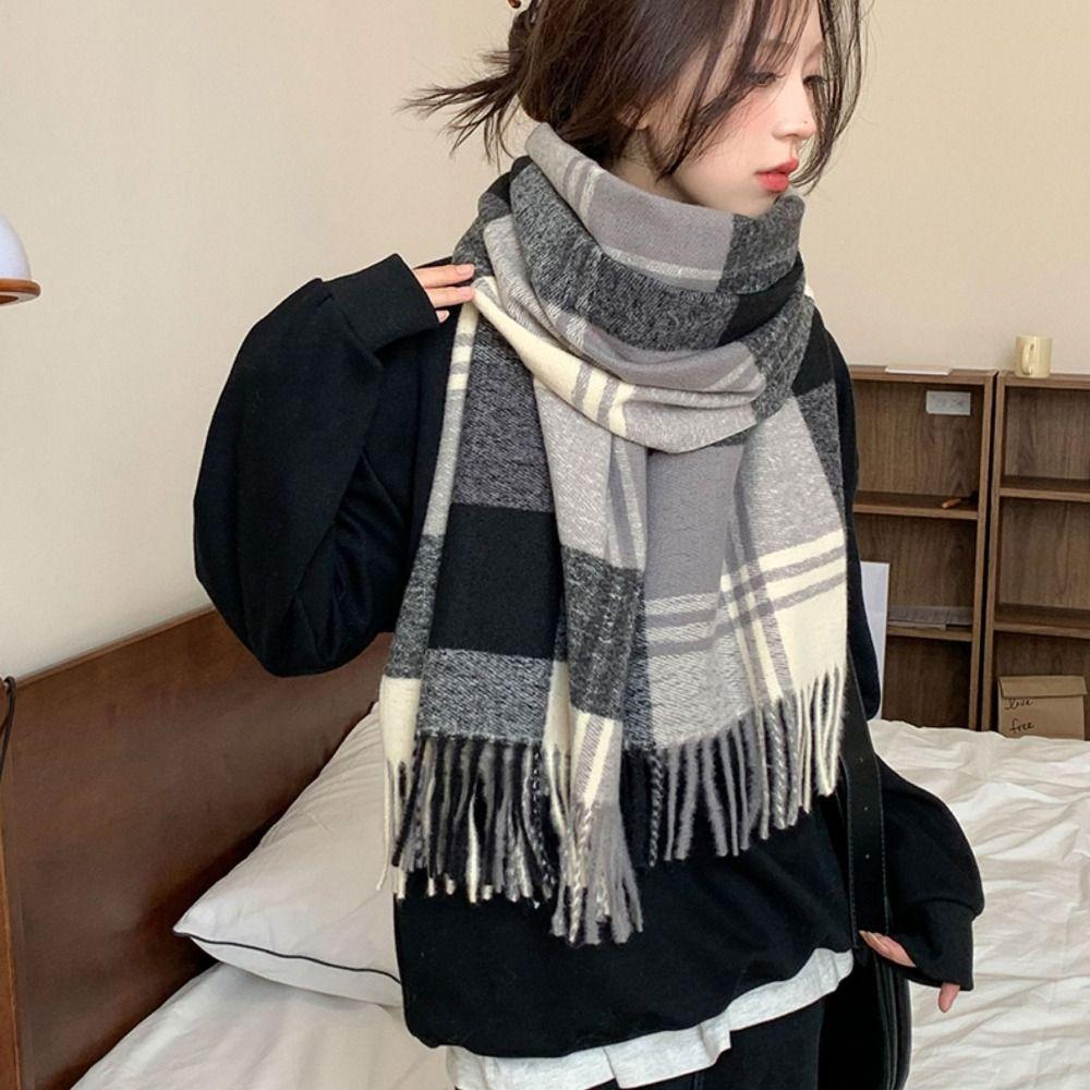 Long Tessel Winter Cashmere Scarf Thicken Men Scarf Simple Plaid Wool Scarf Gifts