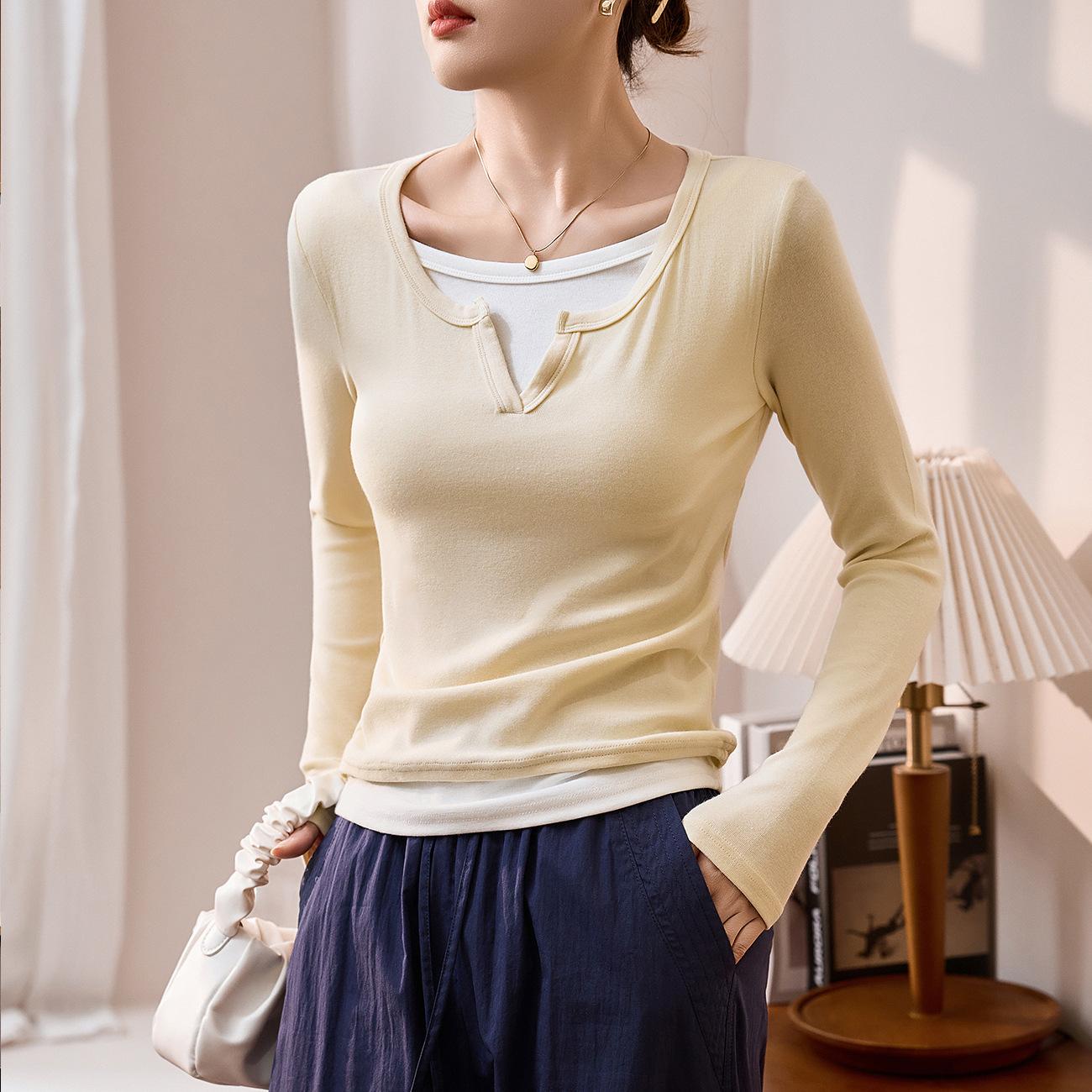 

Поддельная футболка из двух частей, женская весенняя базовая рубашка с длинными рукавами 2XL