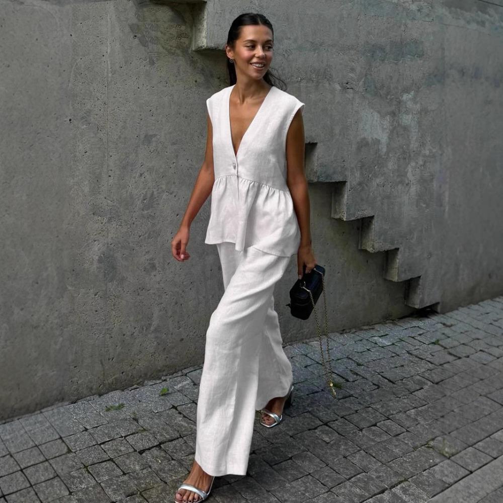 Women's V-Neck Solid Colour Sleeveless Top Vest Trousers Set