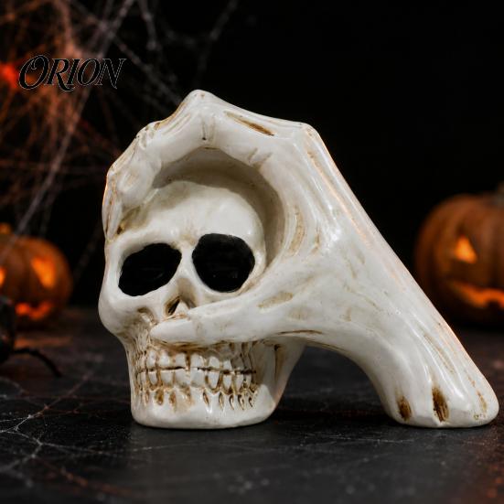 Durable Resin Craft Decor Halloween Skull Hand Sculpture, Gothic Skeleton Head Figurine, Spooky Vintage Yellowed Sculpture Decoration for Bedroom