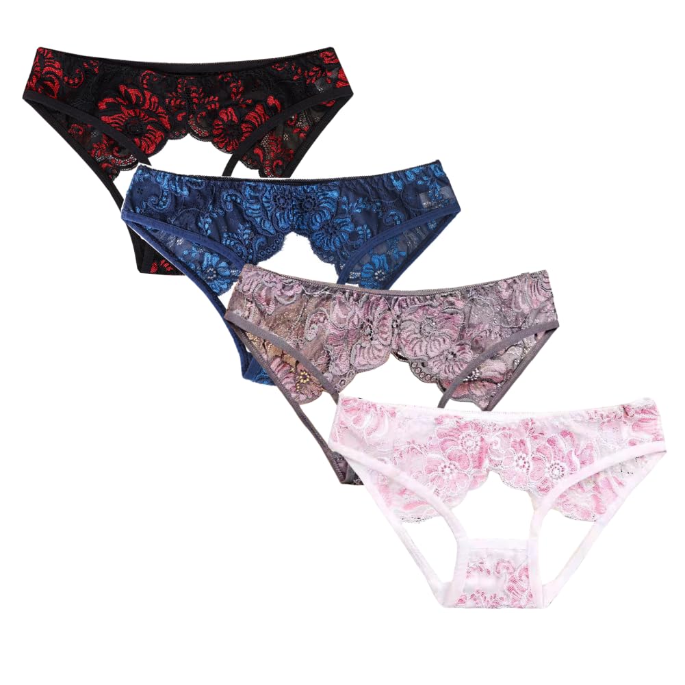 Lace Full Back Open Crotch Sexy Sexy Lingerie Perforated Underwear Panties Size [VIVISHOW] Women's See-Through O-Back (4 Colors, L)